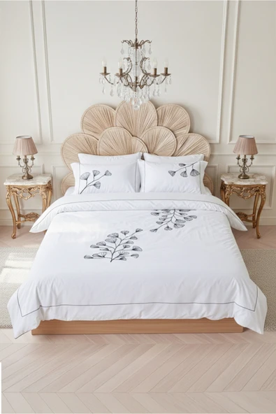 Motif Mağaza Ginkgo Çift Kişilik Nevresim Takımı %100 Pamuk Saten (Lastikli Çarşaf - Nevresim - 2 Yastık Kılıfı)  Beyaz 200 x 220 ürün görseli 1