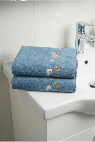 Motif Mağaza 2'Lİ SET MicroCotton %100 Pamuk 50x100 Nakışlı El-Yüz Havlusu Mavi  Çiçek Nakışlı 50 x 100 ürün görseli 1