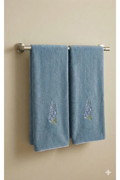 Motif Mağaza 2'Lİ SET MicroCotton %100 Pamuk 50x100 Nakışlı El-Yüz Havlusu Mavi  Lavanta Nakışlı 50 x 100 ürün görseli 1