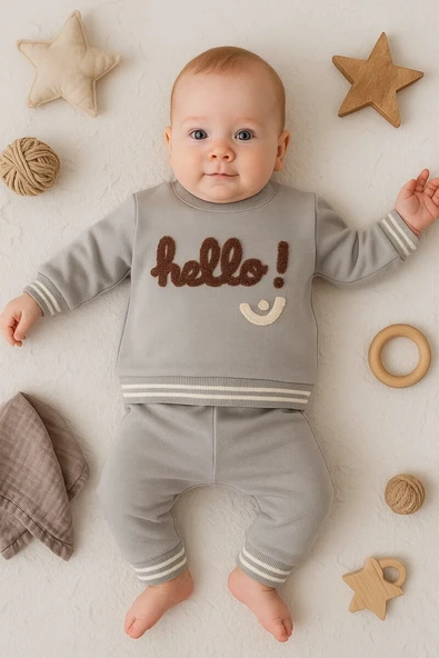 Hello Nakışlı % 100 Pamuk 2'li Erkek Bebek Takım ürün görseli 1