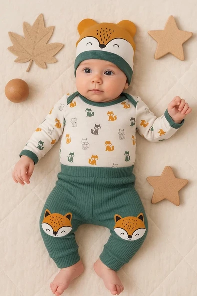 Little Fox Desenli 3'lü % 100 Pamuklu Erkek Takım ürün görseli 1