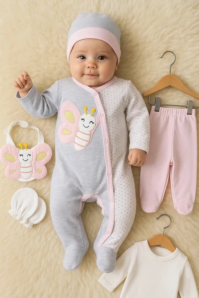 Kelebek Nakışlı Tulumlu % 100 Pamuk Kız Bebek 5'li Set ürün görseli 1