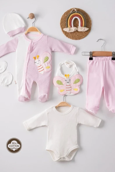 Kelebek Nakışlı Puanlı Tulumlu % 100 Pamuk Kız Bebek 5'li Set ürün görseli 1