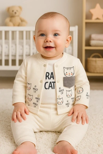 Kedi Desenli 3'lü Hırkalı Kız Bebek Takım ürün görseli 1