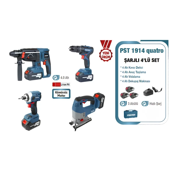 Proter PST 1914 quatro 4.0 Ah 20 V Li-ion Pil  Kömürsüz Şarjlı (Dörtlü Makina Set) P1EA020 ürün görseli 1