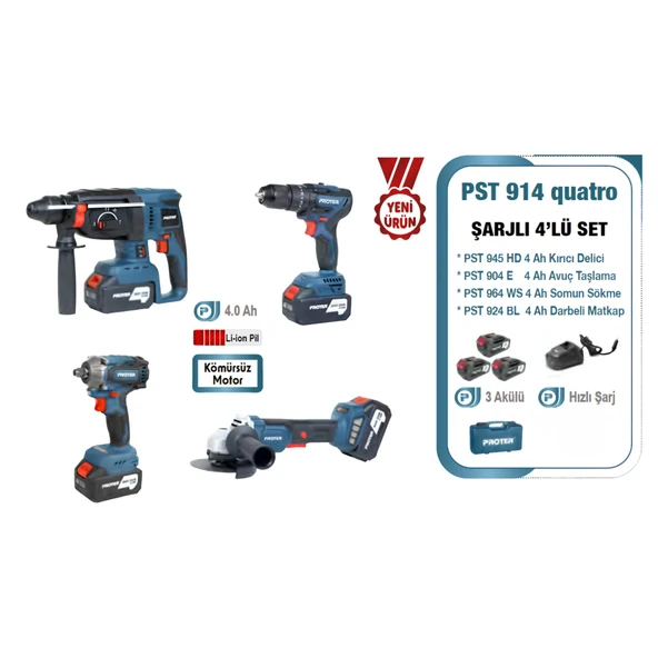 Proter PST 914 quatro 4.0 Ah 20 V Li-ion Pil  Kömürsüz Şarjlı (Dörtlü Makina Set) P1EA019 ürün görseli 1