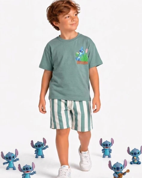 Cg Kids Stitch Baskılı Erkek Çocuk Tshirt Şort Alt Üst Takım Sırt Baskı Detaylı ürün görseli 1
