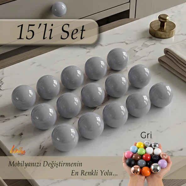 15 Adet Sert Plastik Düğme Yuvarlak Top Gri Dolap Mobilya Mutfak Dolabı Çekmece Kulbu Kulpu Kulplar ürün görseli 1