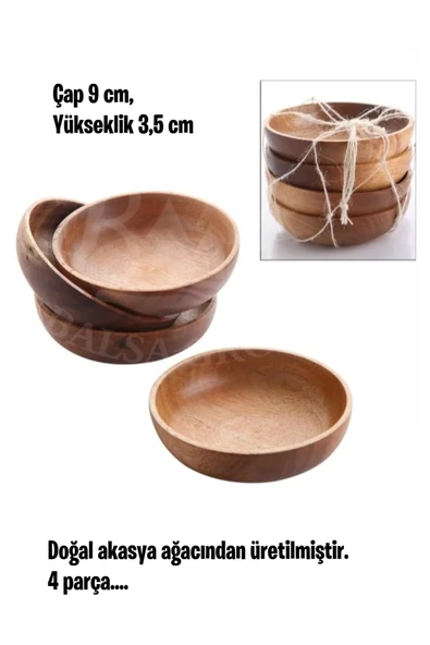 Dekoratif Çerezlik Tabak, Doğal Ahşap Akasya Çerezlik 9 cm, 4'lü set ürün görseli 1