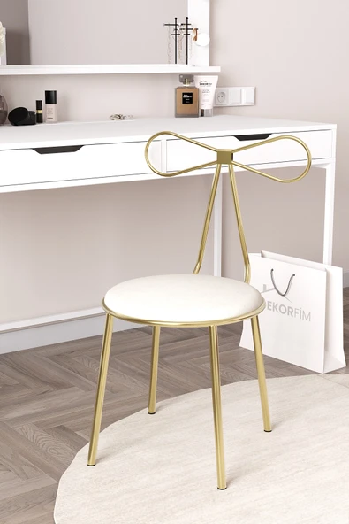 DF04102P Metal Ayaklı Makyaj Sandalyesi, Fiyonk Tasarımlı Puflu Gold Modern Dekoratif Sandalye ürün görseli 1