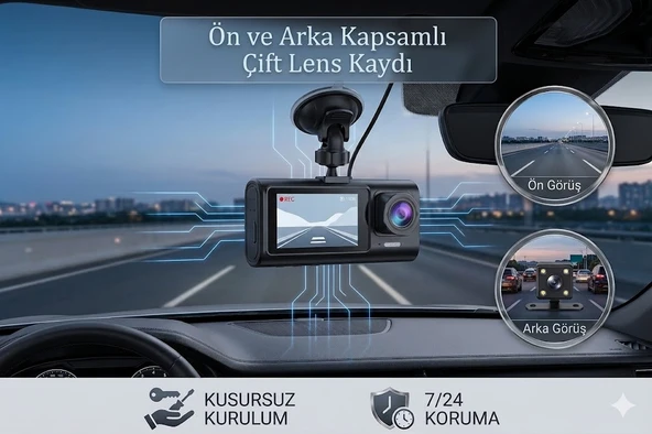 C309 ARAÇ İÇİ ARABA KAMERASI 1080p Full HD Çift Lensli Araç İçi Kamera Seti 2" Ekran Geri Görüş Kamerası Dahil ürün görseli 1