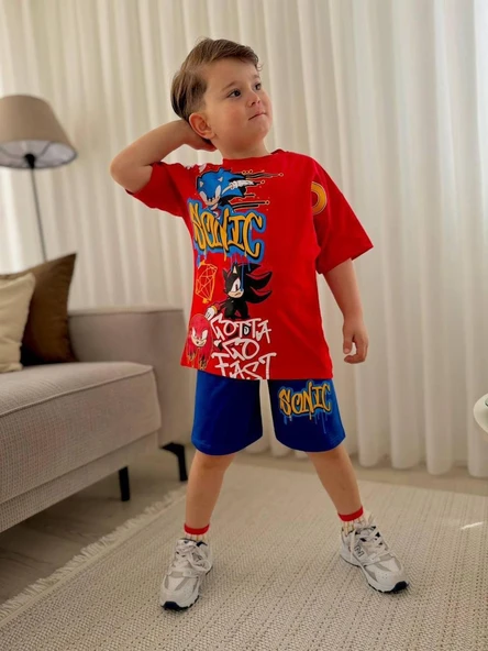 Cg Kids Sonic Erkek Çocuk Tshirt & Şort Alt Üst Takım Süper Kalite Şort Baskı Detaylı ürün görseli 1