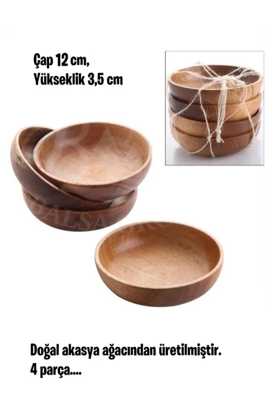 Dekoratif Çerezlik Tabak, Doğal Ahşap Akasya Çerezlik, Çap 12 cm, 4'lü set ürün görseli 1