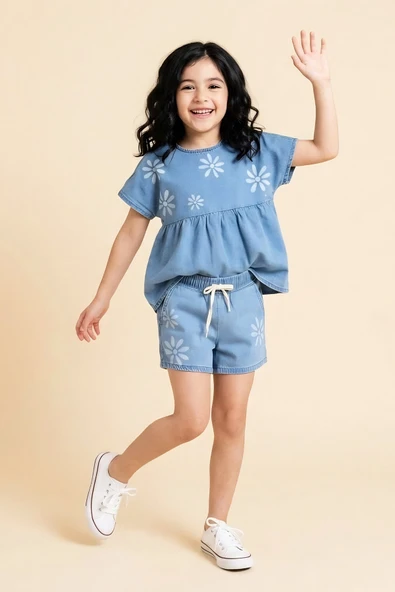 Kız Çocuk Şortlu ve Bluzlu Jean Alt-Üst Takım 3-10 Yaş 12656OZ ürün görseli 1