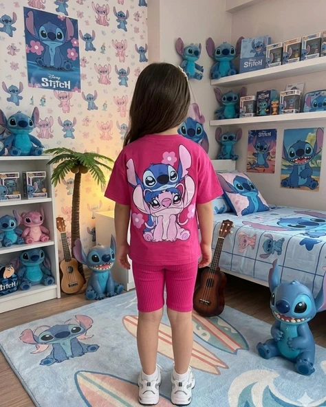 Cg Kids Stitch Kız Çocuk Tshirt Fitilli Tayt Şortlu Alt Üst Takım Sırt Baskı Detaylı ürün görseli 1