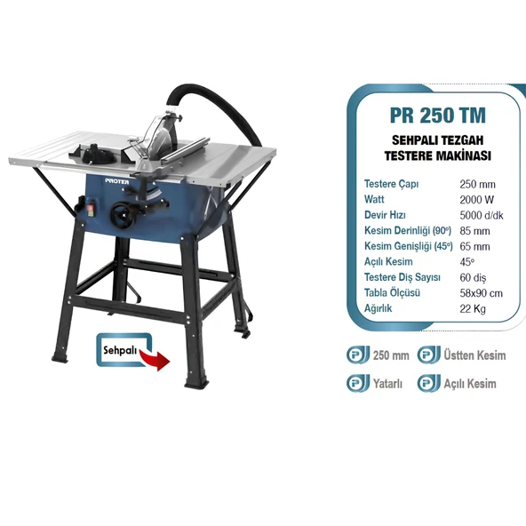 Proter PR 250 TM 250 mm  2000 W SEHPALI TEZGAT TESTERE MAKİNASI ürün görseli 1