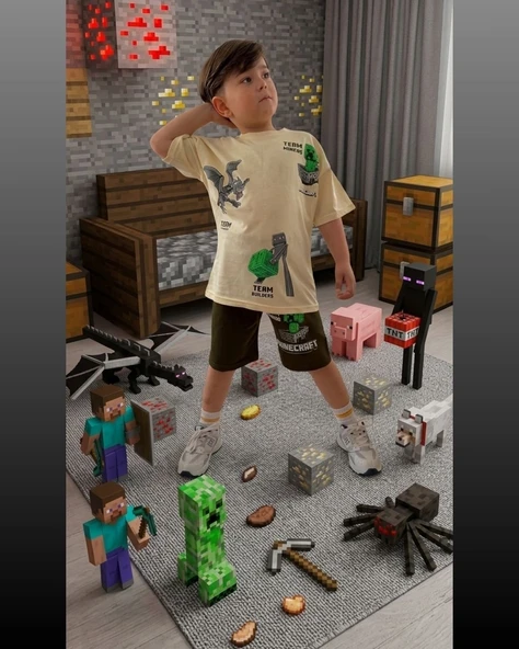 Cg Kids Minecraft Erkek Çocuk Tshirt & Şort Alt Üst Takım Süper Kalite Sırt Baskı Detay ürün görseli 1