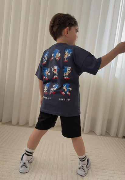 Cg Kids Sonic Erkek Çocuk Tshirt & Şort Alt Üst Takım Süper Kalite Sırt Baskı Detay ürün görseli 1