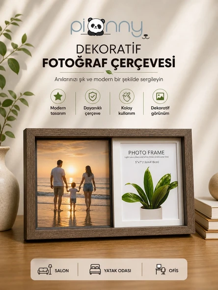Pionny 2 Fotoğraflı Büyük Boy Sürgülü Dekoratif Ahşap Çerçeve 13x18 cm – Koyu Kahve ürün görseli 1