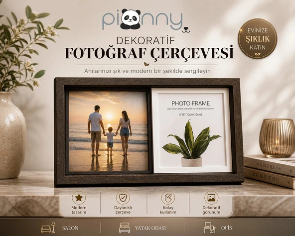 Pionny 2 Fotoğraflı Orta Boy Sürgülü Dekoratif Ahşap Çerçeve 10x15 cm – Koyu Kahve ürün görseli 1