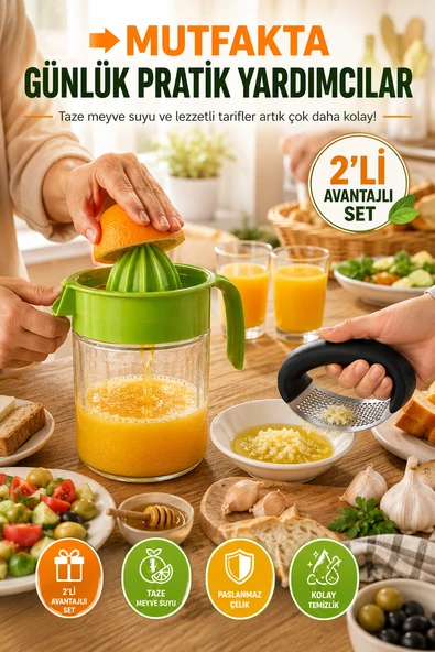 2’li Mutfak Seti Narenciye Sıkacağı Sarımsak Ezici Manuel Limonluk 660 ML Pratik Set ürün görseli 1
