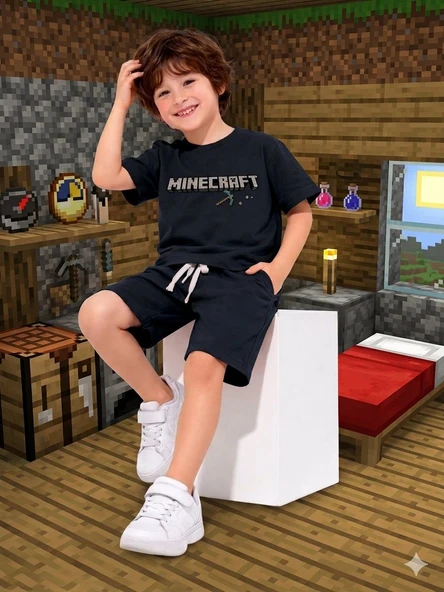 Cg Kids Minecraft Kabartma Yazı Detaylı Erkek Çocuk Tshirt & Şort Alt Üst Takım Süper Kalite Kumaş ürün görseli 1