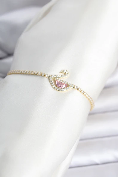 Pirinç  Zirkon Taşlı Swan Model Su Yolu Kadın Bileklik (Gold Renk) ürün görseli 1