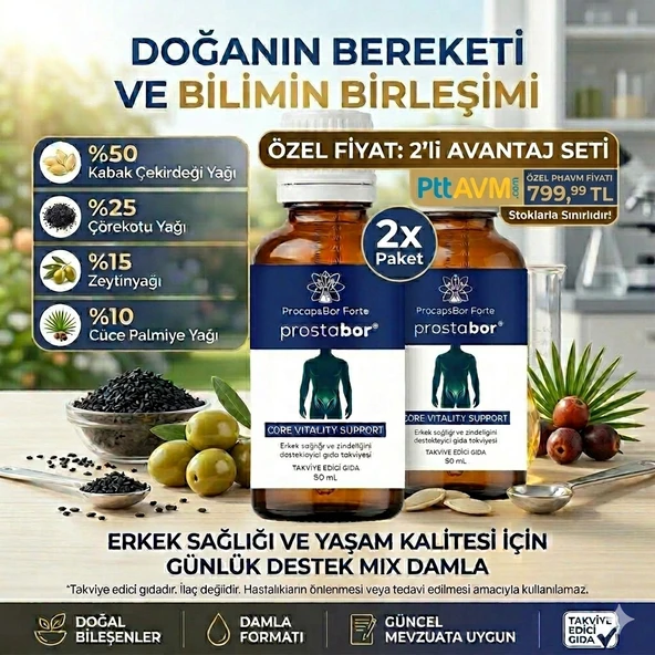 2 Şişe Prostabor Procaps Bor Forte Erkek Destek Damla - 2x50ml - Mix Kabak Çekirdeği Yağı Karışımı Prosta.TBor ürün görseli 1