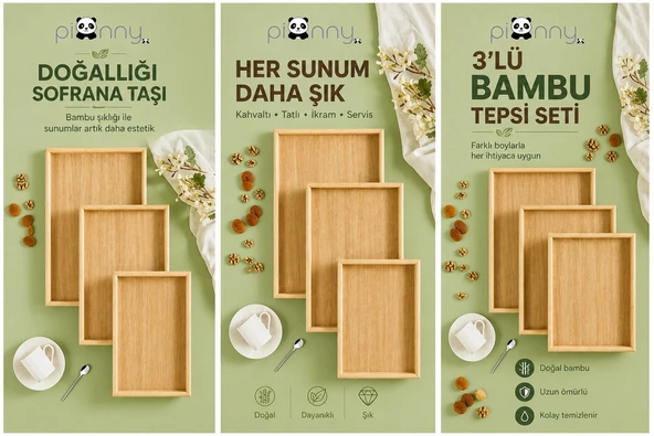 Pionny Bambu 3'lü Sunum Tepsisi - Resim 4