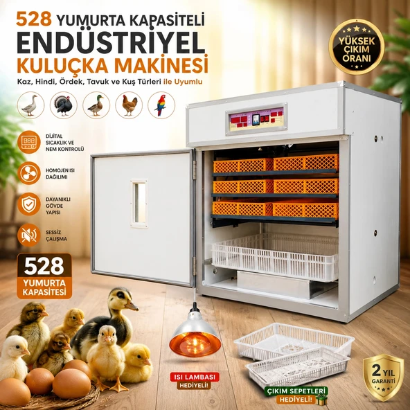 528 Yumurta Kapasiteli Endüstriyel Kuluçka Makinesi - 3 Çeşit Viyollu, Çıkım Sepetli + Isı Lambası Hediyeli ürün görseli 1