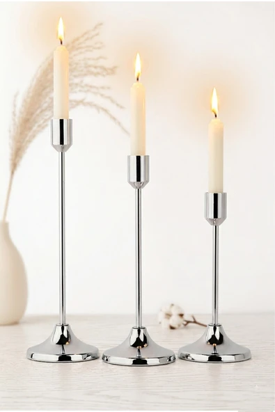 Dekoratif Gümüş Metal Mumluk Seti - 3 Farklı Boy (22cm, 19cm, 15cm) ürün görseli 1