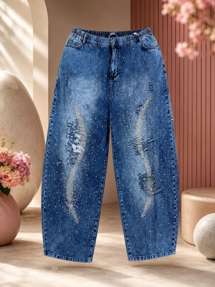 Büyük Beden Denim Beli Lastikli Taşlı Yırtık Detaylı Bol Kesim Kadın Pantolon ürün görseli 1