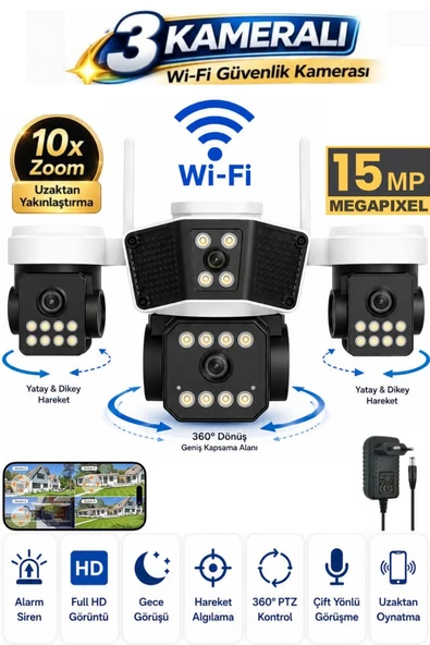 RX95W WİFİ 3 Kameralı Güvenlik Kamerası 15MP ULTRA HD PTZ Hareketli Sesli Gece Görüşlü Akıllı Kamera ürün görseli 1