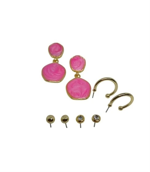 Gold Yuvarlak Pembe Mineli Vidalı 4'lü Küpe Seti ürün görseli 1