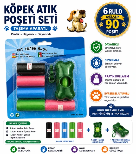 Köpek Dışkı Poşeti 6 rulo + Taşıma Aparatı Hediyeli ( 90 poşet - 6 rulo ) ürün görseli 1
