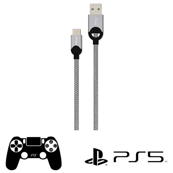 Philips Playstation 5 İle Uyumlu Joystick Şarj Kablosu 5A 100W UsbA to Type-C Örgülü 1.2M Hızlı Şarj Data Kablo DLC2628T ürün görseli 1
