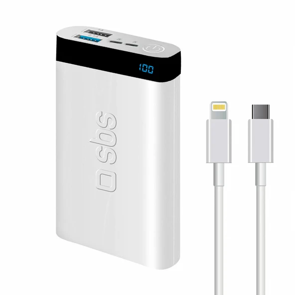 Sbs İntelligent Fast Charge 10.000mAh 2xUsbA + Type-C Çıkışlı Led Göstergeli 2M Type-C to Lightning Kablolu Powerbank Beyaz ürün görseli 1