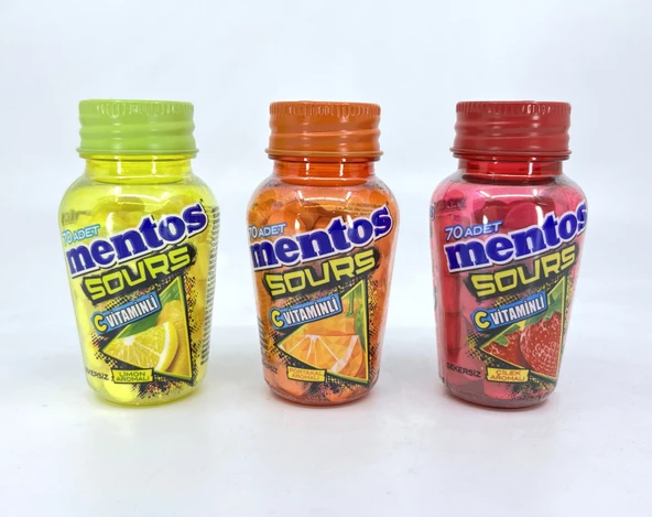 Mentos Sours Şekersiz Tatlandırıcılı C Vitaminli Portakal-Limon-Çilek Aromalı Tablet Şekerleme 49gr (3'LÜ TADIM SETİ) ürün görseli 1