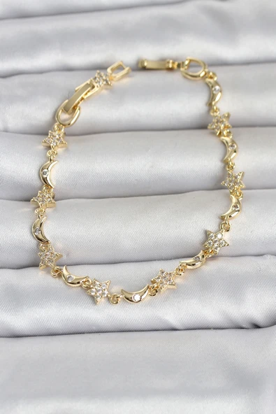 Pirinç Gold Renk Zirkon Taşlı Ay Yıldız Model Kadın Bileklik ürün görseli 1