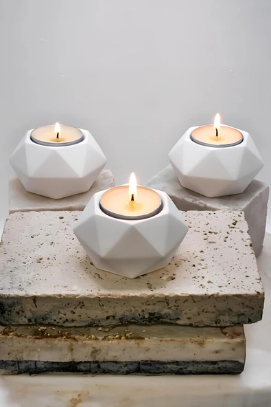 Betonmall 3’lü El Yapımı Beton Mumluk - Şamdan Seti (Tealight Mumlar Dahil) - Hediyelik Dekorasyon Seti ürün görseli 1