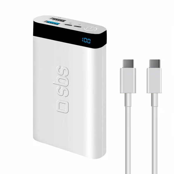 Sbs İntelligent Fast Charge 10.000mAh 2xUsbA + Type-C Çıkışlı Led Göstergeli 2M Type-C to Type-C Kablolu Powerbank Beyaz ürün görseli 1