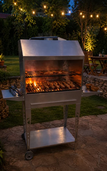 Dorello 80 CM Paslanmaz Bahçe Mangalı Tekerlekli Çift Izgaralı Barbekü ürün görseli 1
