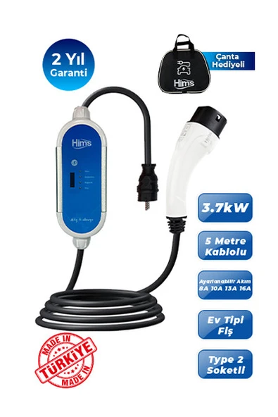 Hims HCTK-G-3 3.7kW Gümüş Taşınabilir Elektrikli Araç Şarj Cihazı ürün görseli 1