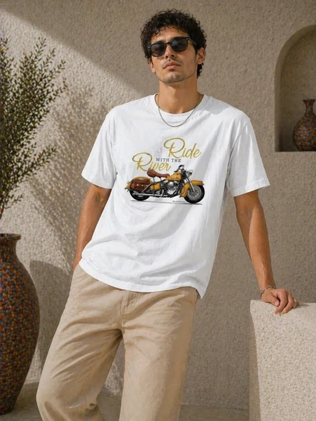 Erkek Motosiklet Baskılı Tişört Bisiklet Yaka Kısa Kol Yazlık T-Shirt - Beyaz ürün görseli 1