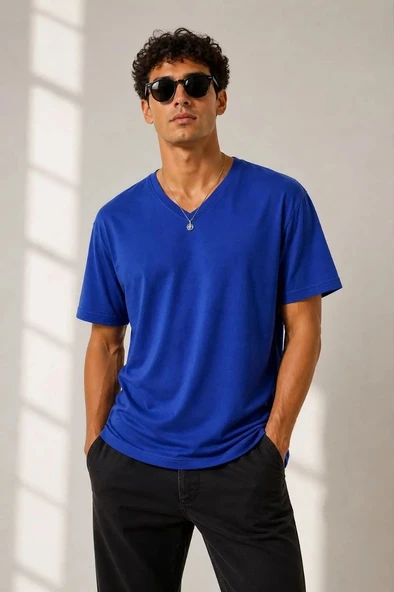 Erkek V Yaka Basic Tişört Kısa Kol Yazlık Regular Fit T-Shirt - Saks Mavisi ürün görseli 1
