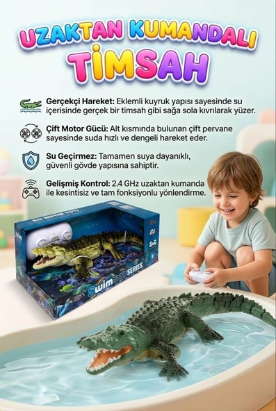 Uzaktan Kumandalı Işıklı Timsah - 2.4 GHz Su Geçirmez RC Yüzen Timsah (35 cm) ürün görseli 1