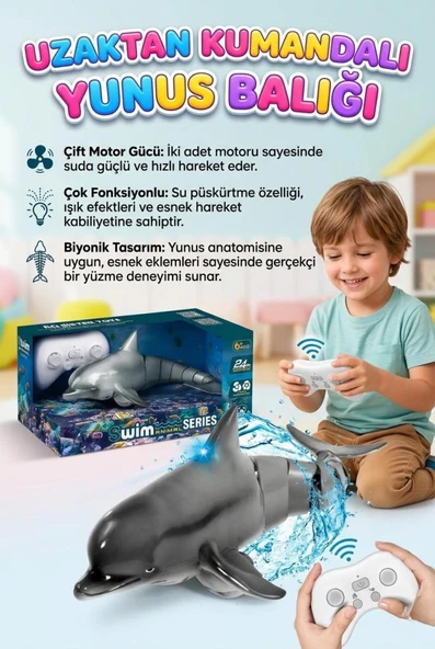 Uzaktan Kumandalı İnteraktif Yunus Balığı - Su Püskürtmeli Işıklı ve Çift Motorlu Akrobatik Su Oyuncağı ürün görseli 1