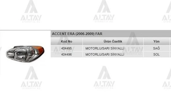Hyundai Accent Era 2006-2009 Far Motorlu Sarı Sağ (Oem No:92102-1E041) ürün görseli 1