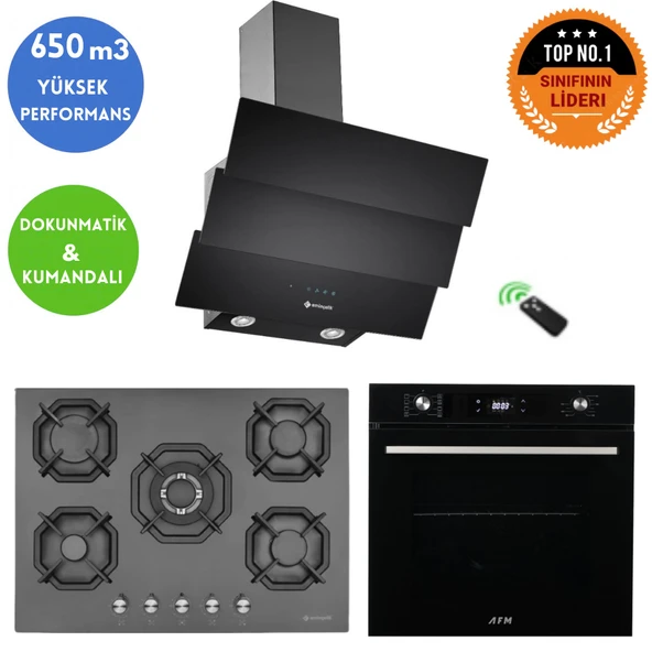 Eminçelik ve AFM TECH Marka RISO 5 Gözlü 1'WOK Siyah Ankastre Set (22 385  +FM7700 +CH 1455 RC B60) ürün görseli 1