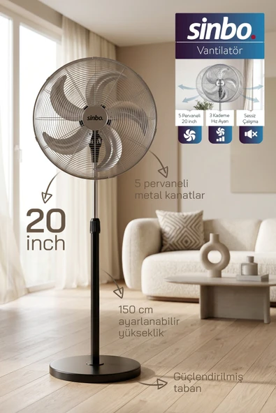 Sinbo SF-6792 Ayaklı Vantilatör 20 İnç 130W Endüstriyel Fan 3 Kademeli Sessiz Güçlü 360 Ayarlanabilir ürün görseli 1